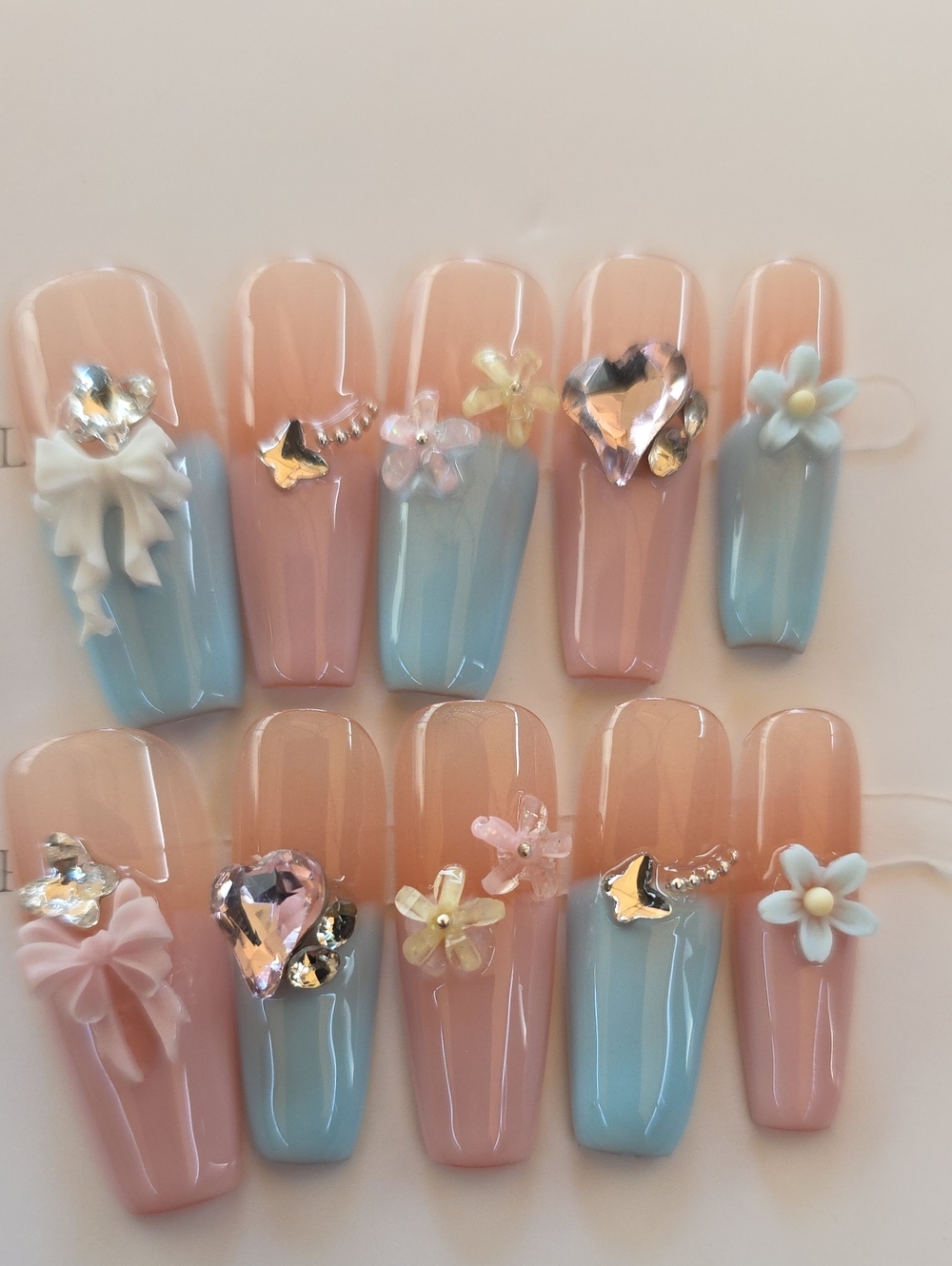 Pastel Pink & Blue 3D Floral Press-On Nails Size Large